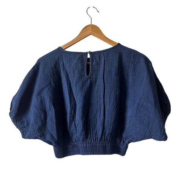 Mango Puffed-Sleeve Cotton denim Cropped Top Night Blue Chambray XS - Picture 6 of 12